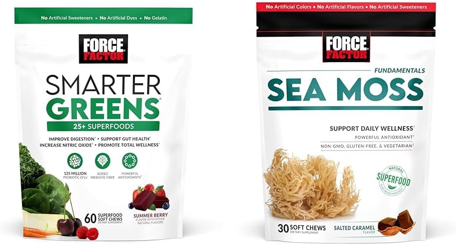 FORCE FACTOR Greens Chews con 25+ Superfoods & Sea Moss Chews, 60 & 30 Cuenta
