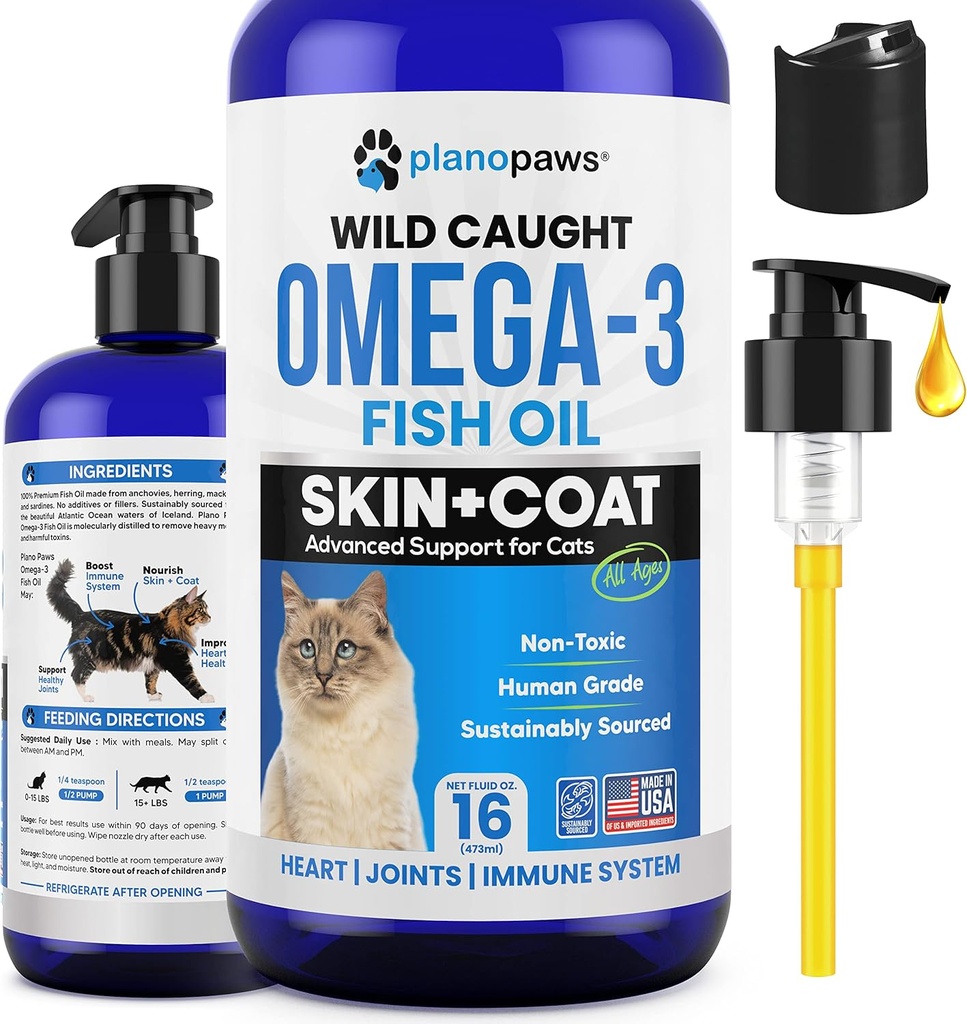 Omega 3 aceite de pescado para gatos - mejor que el aceite de salmón para gatos - gatito + vitaminas y suplementos de gato - Cat Health Supplies - Cat Dandruff Tratamiento - Aceite de pescado líquido para mascotas - Cat Shedding Products
