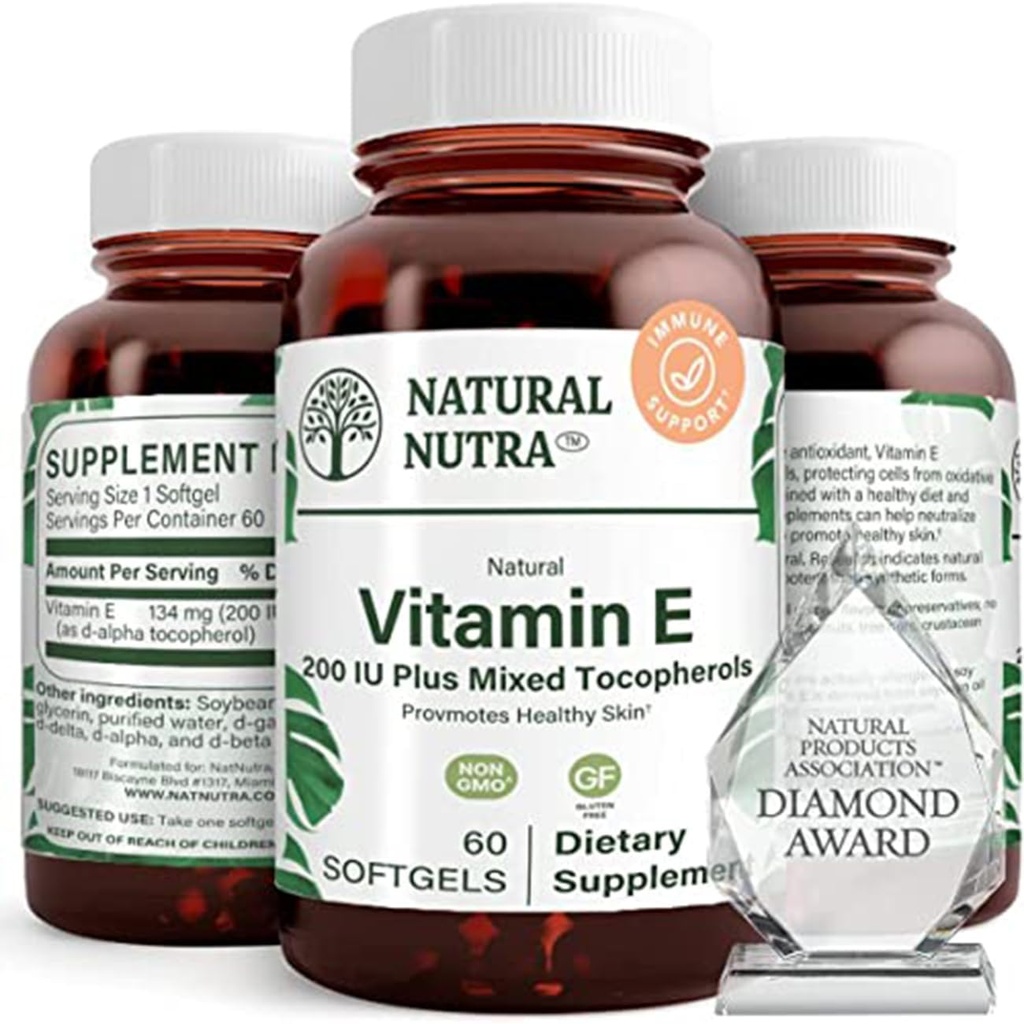 Natural Nutra Vitamina E 200 UI Suplemento para la piel, el cabello y las uñas, promover la salud cardíaca, ayuda a reducir la enrojecimiento, ayuda a prevenir la textura de la piel, sistema de inmune promocionado, libre de gluten, 60 Softgels