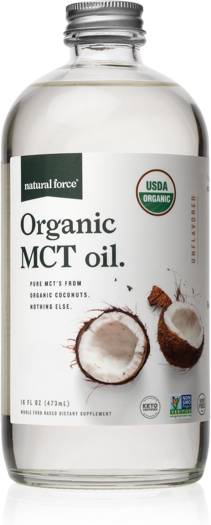MCT orgánico de la fuerza natural Aceite – Botella de vidrio puro – Hecho de aceite de coco virgen 100% frío + Certified Keto, Paleo, Kosher, Vegan " Non-GMO – Lab Tested for Quality and Purity - 16 Ounce