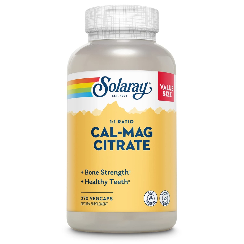 Solaray Calcium Magnesium Citrate 1000mg 1:1 Ratio, Bone Strength Suplemento, Muscle, Nerve y Bone Health Support, Chelated for High Absorption, 60-Day Guarantee, 45 Servings, 270 VegCaps
