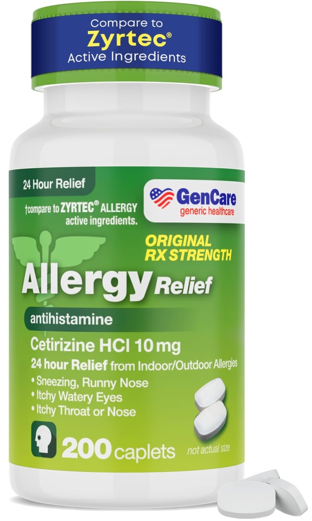 GenCare - Cetirizine HCL 10 mg (200 cápsulas) - 24 horas Alivio de Alergia Píldoras - No Drowsy Genérico OTC Alergía Medicamento - Antihistamínico Medicina para Sneezing, Runny Nose ' Ojos picantes - Genérico Zyrtec