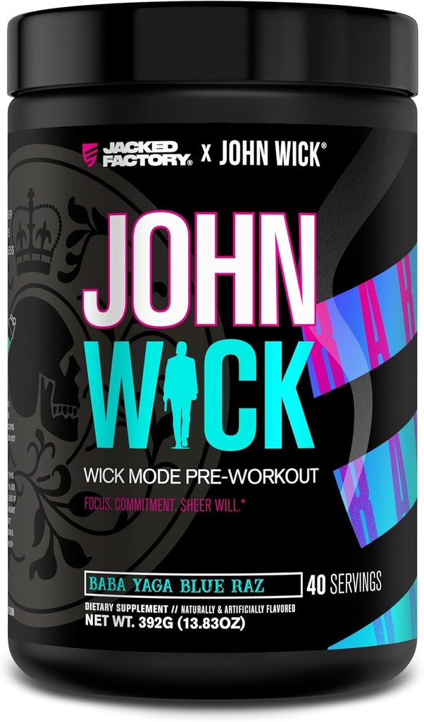 Jacked Factory X John Wick - Wick Mode Pre Workout Powder - Energía intensa, Battle-Ready Focus, Compromiso imparable, y Sheer Will - 40 Servimientos, Baba Yaga Blue Raz