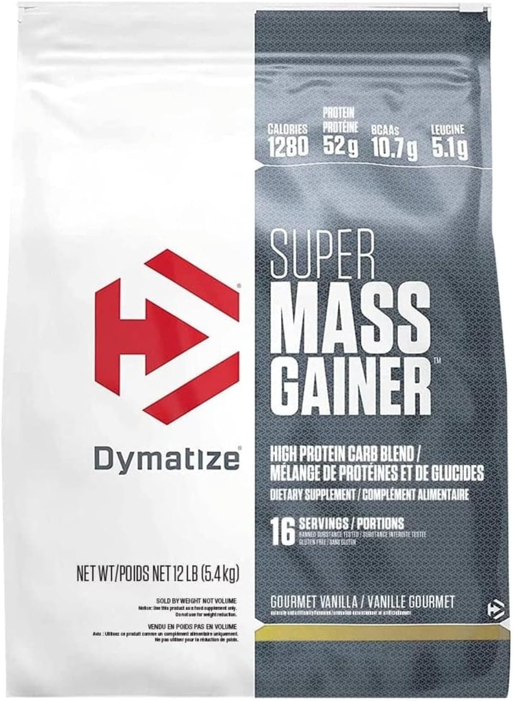 Dymatize Super Mass Gainer Protein Powder, Gourmet Vanilla, 52g Protein, 1g Creatine, 1280 Calories, 10.7g BCAAs, 245g Carbs, Contiene Whey Protein Powder, Isolate y Casein, Total 16 Servimientos