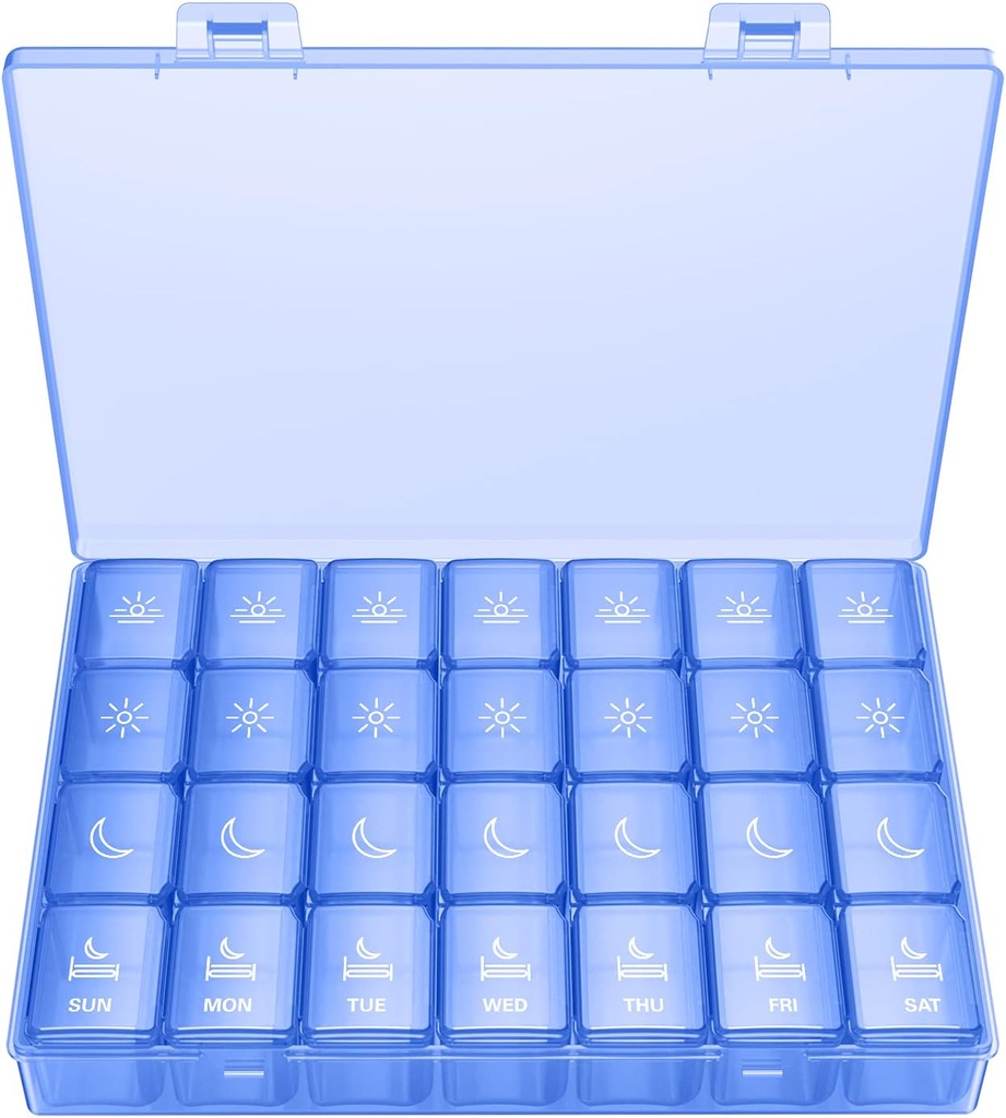 XL Pill Organizer 4 veces al día, BUG HULL Extra Gran caja semanal de píldoras, 7 días de vitamina Container Daily Pill Holder para aceite de Cod-Liver, vitaminas, suplementos (Royal Blue)