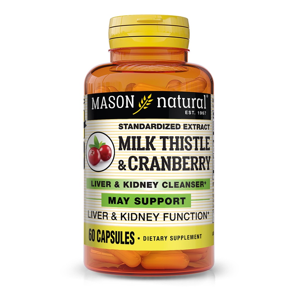 MASON NATURAL Milk Thistle/Cranberry Liver & Kidney Cleanser - Supports Healthy Liver &amp; Kidney Function, Cleanse and Detox, 60 Capsules