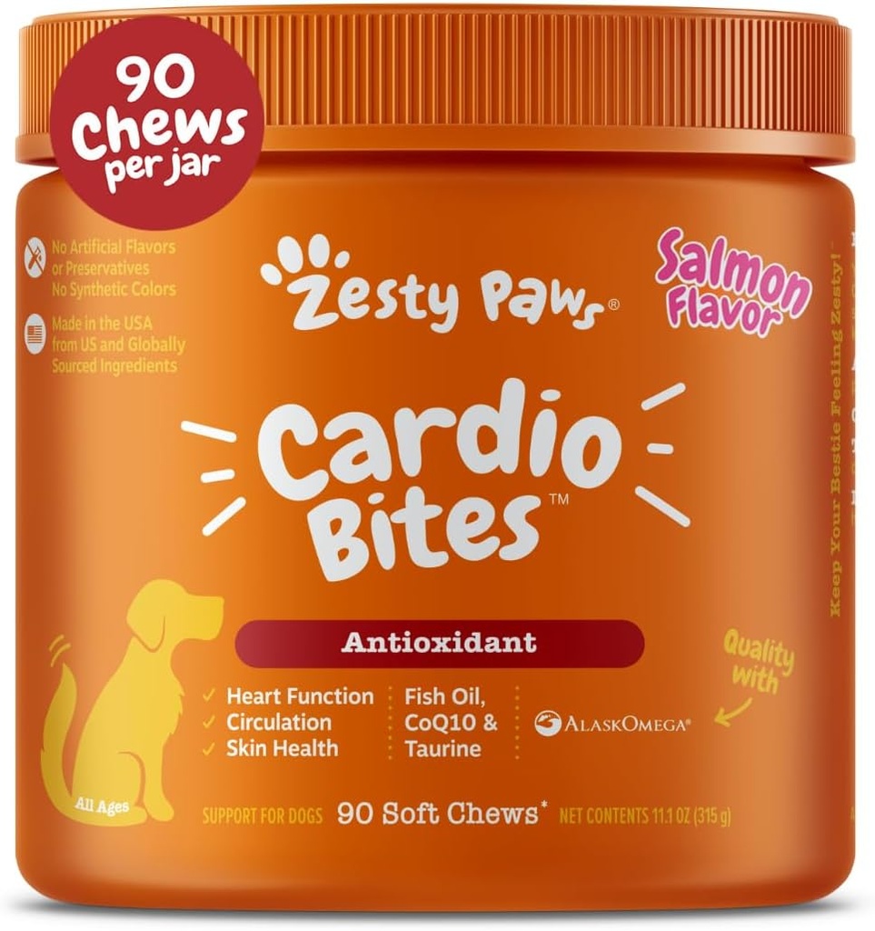 Zesty Paws Cardiovascular Support for Dogs - Taurine for Dogs - con CoQ10, L Carnitine & Sea Buckthorn - Senior Heart Health - AlaskOmega Fish Oil Omega 3 - Senior - Salmon - 90 Count