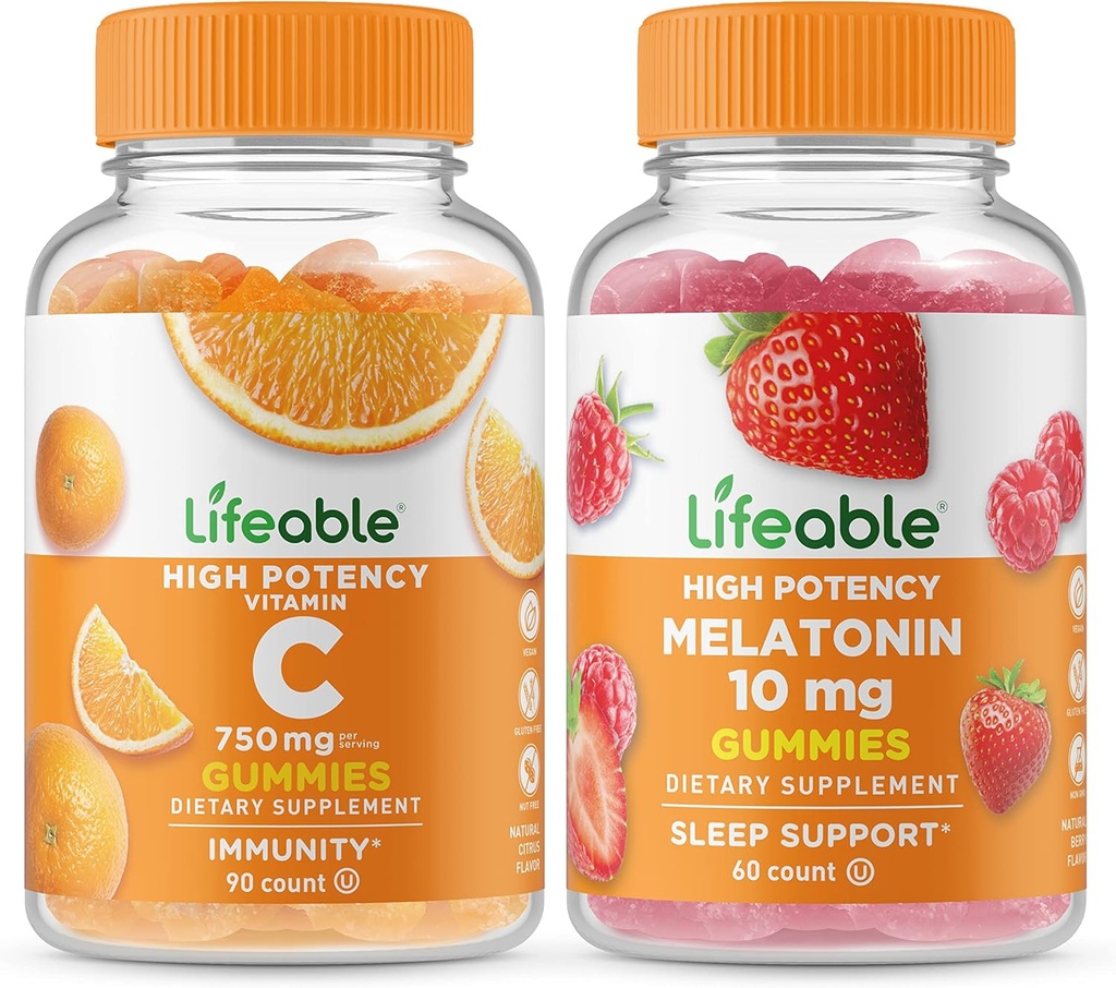 Vitamina vital C 750mg + Melatonina 10mg, Gummies Bundle - Gran Tasting, Suplemento de vitamina, Gluten Gratis, GMO Gratis, Chewable Gummy