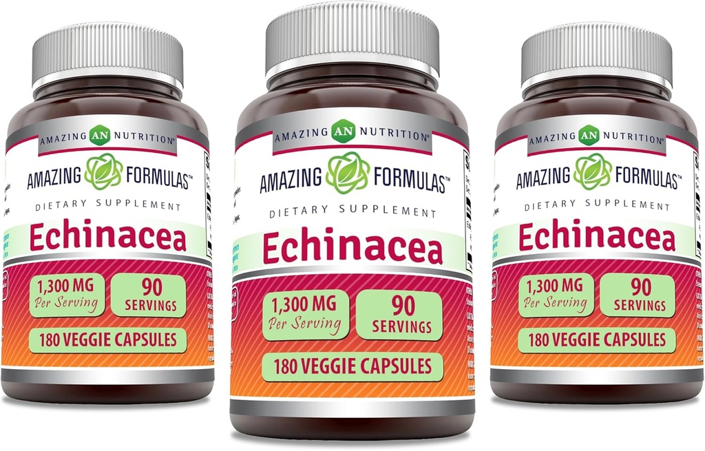 Fórmulas Asombrosas Echinacea Silencioso 1300 Mg Silencioso Veggie Capsules Suplemento No. Silencio Gluten Gratis Silencio Made in USA (3 Pack Silencio 180 Cuenta)