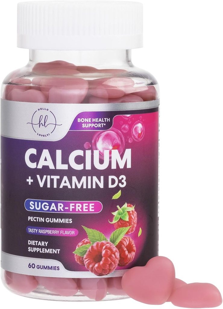 Suplementos de calcio para las mujeres - Gummies de calcio gratis de azúcar con vitamina D3 para la fuerza ósea, dientes & apoyo a la salud, cerdas naturales para hombres de mujeres - Raspberry Flavored " Non-GMO - 60 Gummies