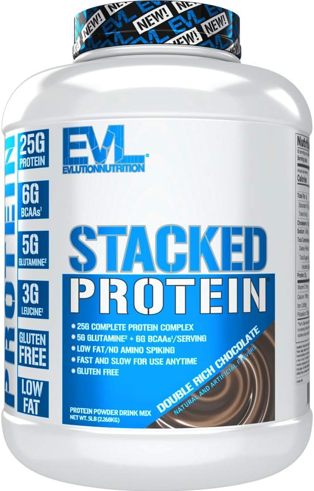 Evlution Nutrition Stacked Protein Powder -Supports Muscle Growth, Strength & Recovery - 25g Protein, 6g BCAAs, 5 gramos Glutamina + 3 gramos Leucine Per Serving -Gluten Free -5lb -Doble chocolate rico
