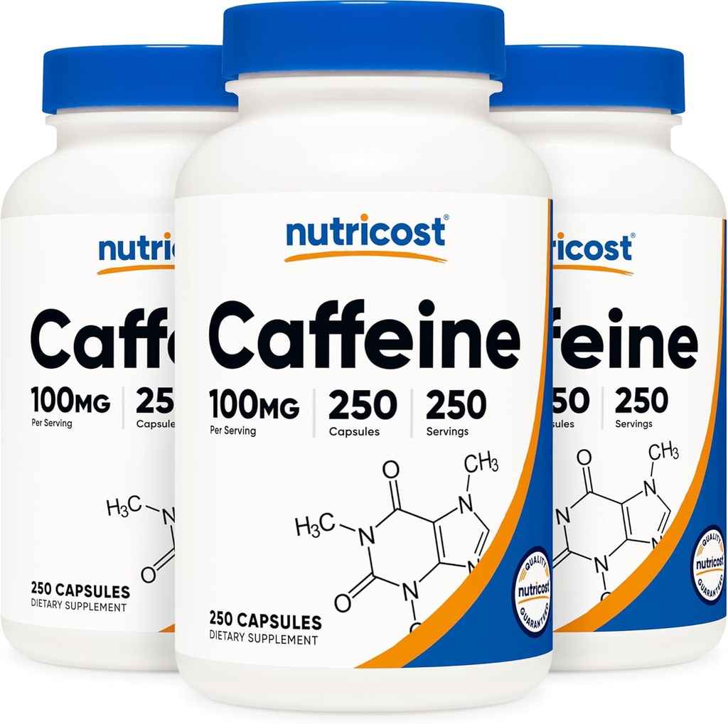 Nutricost Caffeine Pills 100mg Por Serving, 250 Capsules (3 Botellas)