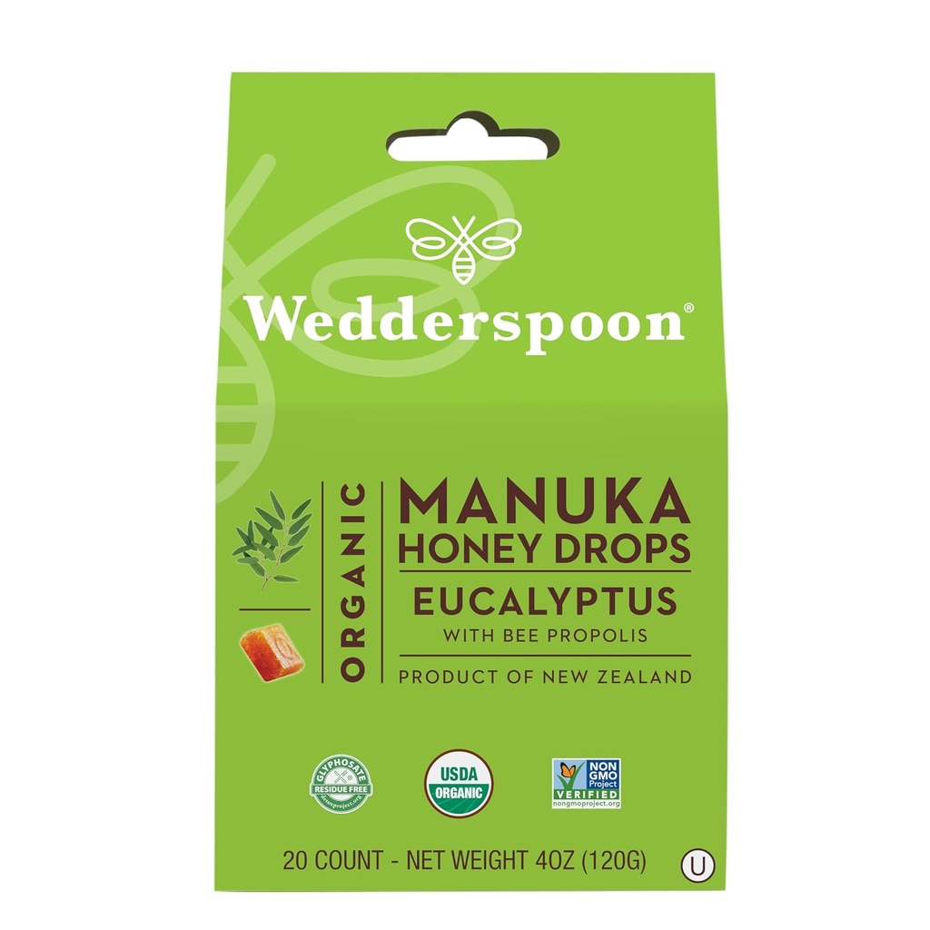 Wedderspoon Organic Manuka Honey Drops, Eucalyptus & Bee Propolis, 20 Conde (4oz) (Pack of 1) Genuine Nueva Zelanda Honey ← Perfect Remedy For Dry Throats