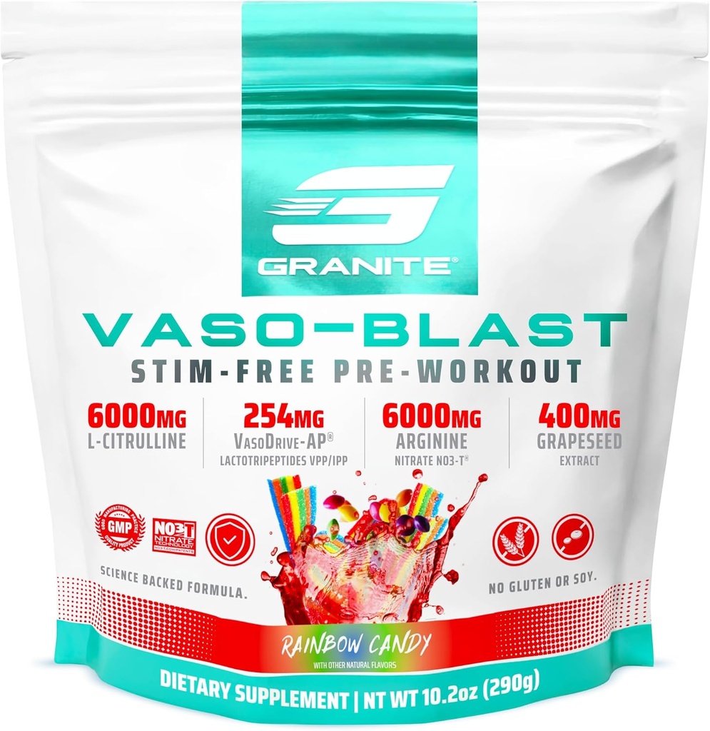 Suplementos de granito Vaso Blast, Rainbow Candy Flavor, Stimulant-Free Pre Workout para Hombres con Extracto Grapeseado, Arginine Nitrite, " VasoDrive-AP para Max Pump (20 Servings)