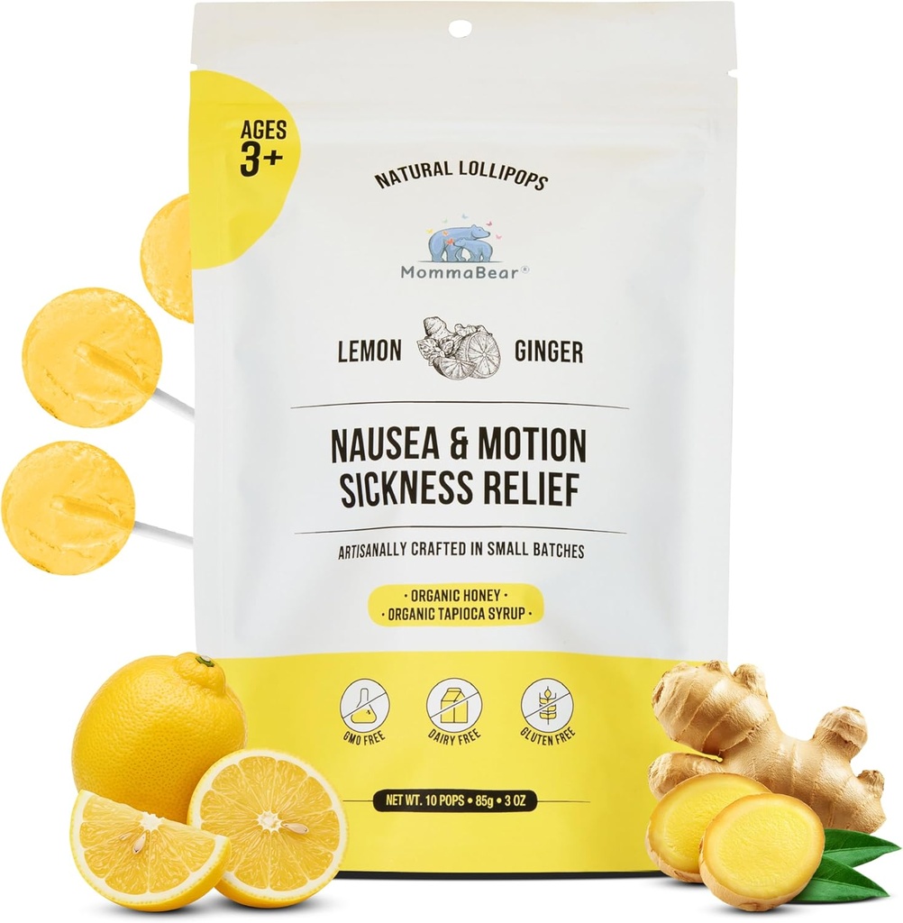MommaBear Nausea & Motion Sickness Lollipops – Candy de limón y jengibre para Nausea – Lollipops orgánicos para niños 3+ " Mujeres embarazadas para aliviar la queasidad – Tightly Sealed for Freshness (10 Pack)