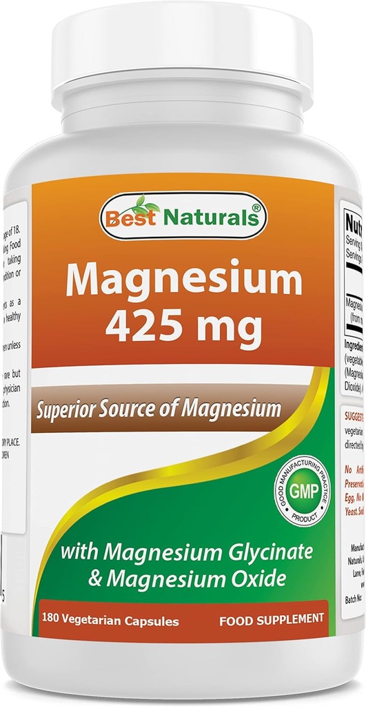 Mejores Naturales Magnesio 425 mg 180 Veggie Capsules - High Absorption Magnesium Glycinate & Magnesium Oxide Chelated, Non-GMO, Gluten Free Muscle Relax (180 Conde (Pack de 1))