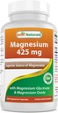 Mejores Naturales Magnesio 425 mg 180 Veggie Capsules - High Absorption Magnesium Glycinate & Magnesium Oxide Chelated, Non-GMO, Gluten Free Muscle Relax (180 Conde (Pack de 1))