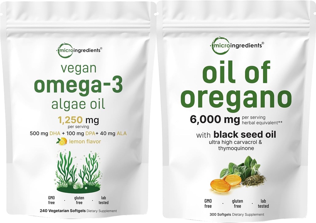 Micro Ingredientes Petróleo de Oregano Softgels 300 Conde " Vegan Omega 3 Algae Oil Suplemento Bundle 2 Pack ← Carvacrol " Thymoquinone Alternativa de espectro completo Omega-3