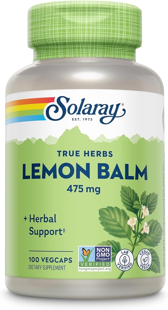 SOLARAY Lemon Balm Aerial 475 mg - Salud Mental Calm and Relaxation and Rest Support - Aerial completo para el perfil completo de nutrientes - No GMO, Vegan - 100 Servimientos, 100 VegCaps
