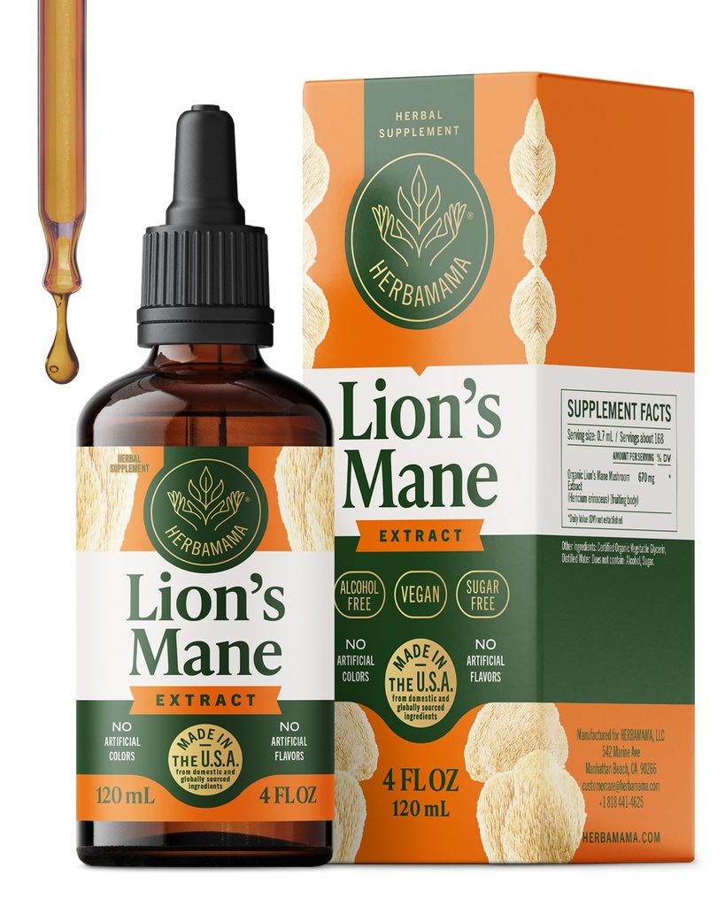 HERBAMAMA Lions Mane Tincture - Vegan Focus &amp; Nerve Support with Lion's Mane Mushroom Extract - Hericium Erinaceus Brain Support Suplemento - Non-GMO, Alcohol &amp; Sugar-Free - 84-Day Supply