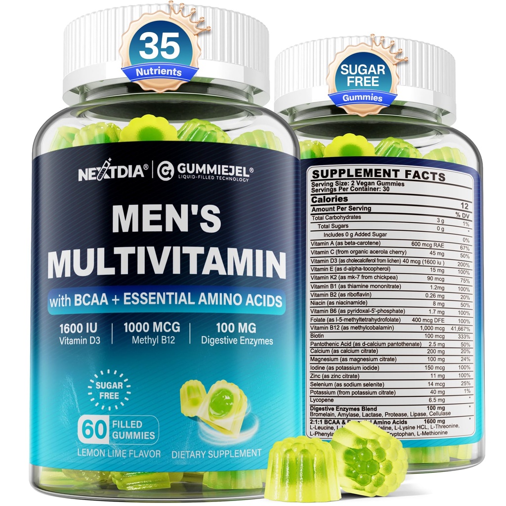 Multivitamina metilada para hombres Gummies, Aminoácidos BCAA, Zinc, Vitamina diaria A C D3 E K2 B Complejo, Calcio, Magnesio, Licopeno, Enzimas digestivas - Energía, Inmune, Azúcar musculo gratis, Vegan, 60Cts