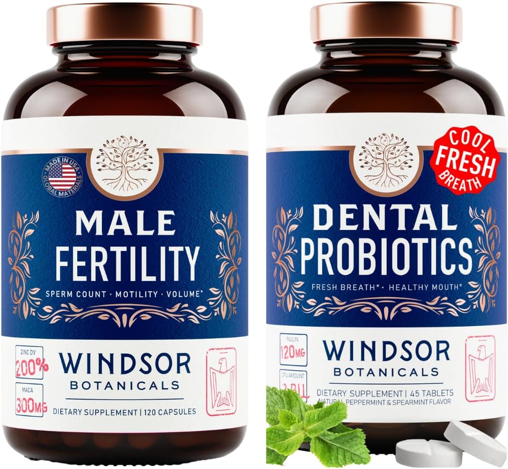WINDSOR BOTANICALS Suplemento de fertilidad masculina y probióticos orales para respiración fresca - Mens Health Bundle