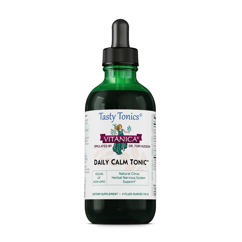 Vitanica Daily Calm Tonic, Natural Liquid Stress Relief Supplement, Dr. Formulated, Organic Lemon Balm, Kava Kava y Passion Flower, for Women, Men &amp; Adults, Vegan, 4 Ounce (Daily Calm Tonic)