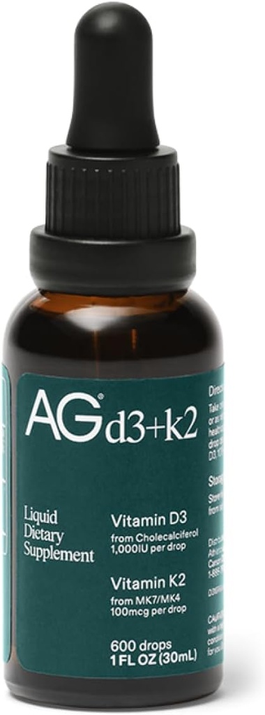 AG1 Vitamina D3 K2 gotas, 1000IU de vitamina D3 y 100mcg de K2 por servidumbre, soporta densidad ósea y absorción de calcio (verde atlético)