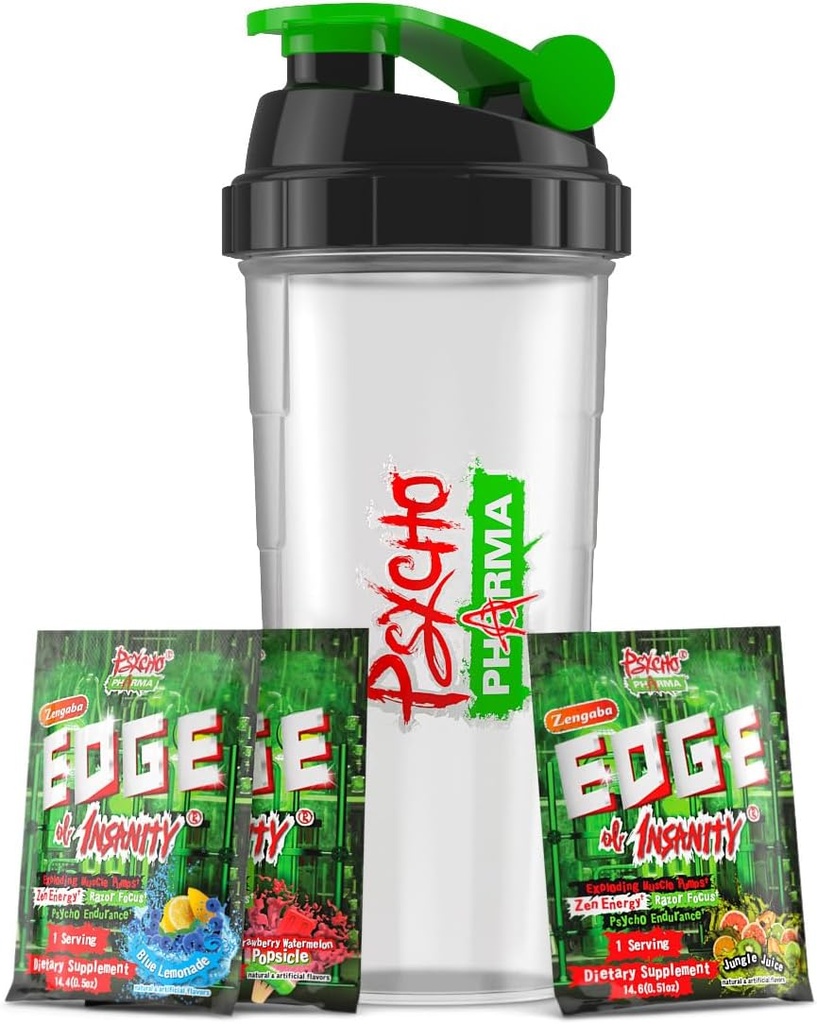 Psycho Pharma Edge of Insanity Pre Workout – High Stim Powder for Intense Pumps, Strength, Energy & Focus – 3 Sample Flavors + Free Shaker Cup (Jungle Juice, Blue Lemonade, Strawberry)