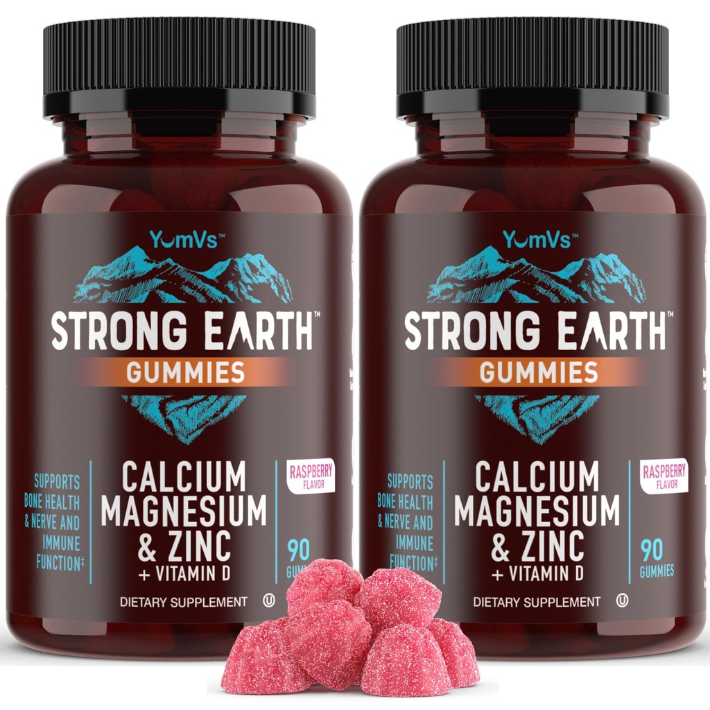 YUM-V'S Calcio, Magnesio, Zinc &amp; Vitamin D Gummies, Cal Mag Chewable Suplemento, Vegetarian Kosher Halal Natural Raspberry Flavor Gummies for Adults Women &amp; Men - 90 Conde (Pack of 2)