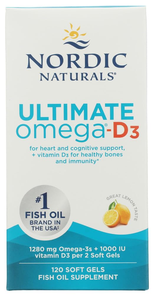 Nordic Naturals Ultimate Omega-D3, Lemon Flavor - 120 Soft Gels - 1280 mg Omega-3 + 1000 IU Vitamina D3 - EPA & DHA - Promueve Cerebro, Corazón, & Immune Health - 60 Servings