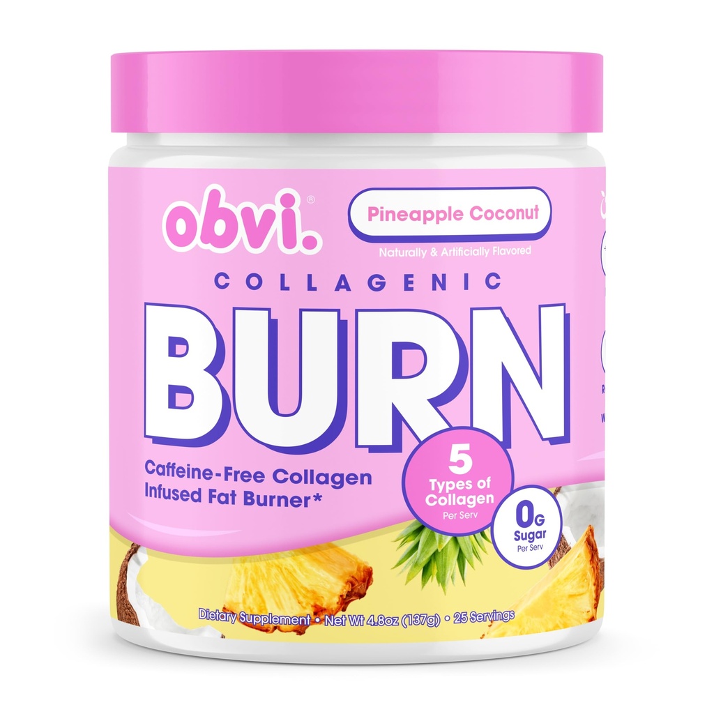 Obvi Collagenic Burn Powder  Multi-Collagen Peptide Blend with GBB, Ashwagandha & Green Coffee TEN Pineapple Coconut, 25 Servings