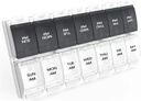 Sukuos AM PM Organizador semanal de 7 días de píldoras, 2 veces una caja de píldoras diurnas con el botón de empuje amigable de la artritis, Casos de medicina para el aceite/suplementos de vitamina/Fish, fácil de limpiar (Black ventaja)