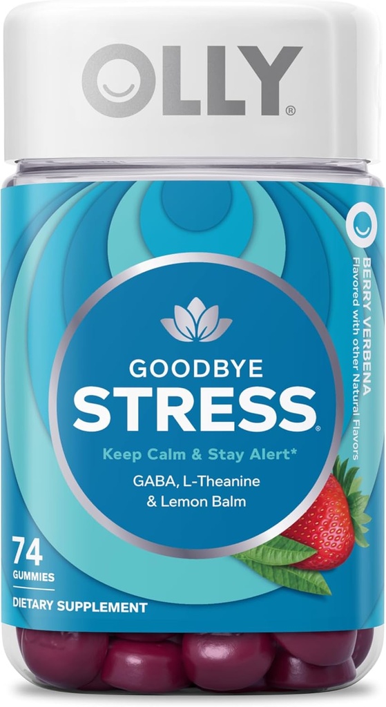 OLLY Adiós Stress Gummy, GABA, L-Theanine, Lemon Balm, Stress Relief Supplement, Berry - 74 Count