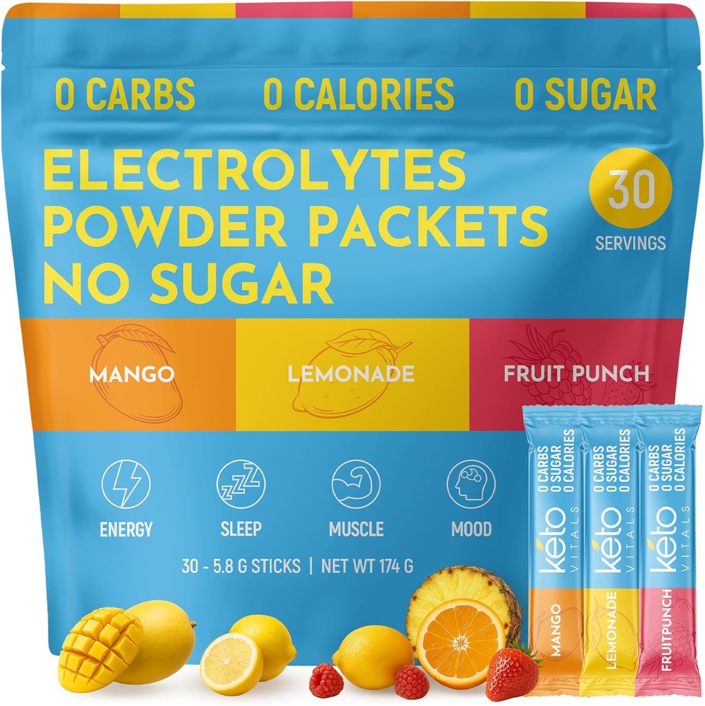 Keto Vitals Original Electrolytes Powder Packets ← Keto Friendly Electrolyte Hydration Packs ← Sugar Free Electrolytes ← Energy Drink Mix TEN Zero Calorie Zero Carb (Original Assorted, 30 Count)