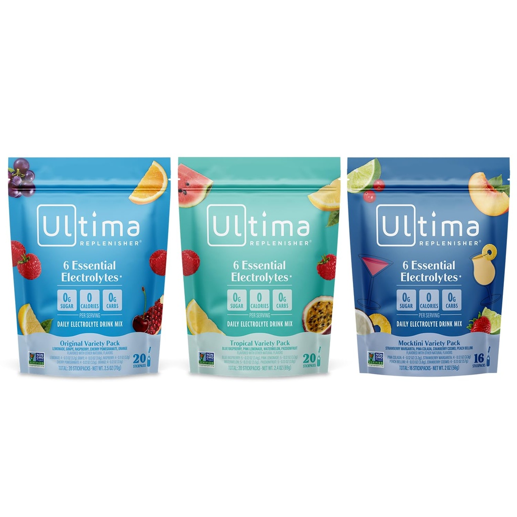 Ultima Replenisher Daily Electrolyte Powder Drink Mix – Sugar Free – Tropical, Mocktini, Variedad original, 56 Stickpacks – Hydration Packets - 6 Electrolytes and Minerals – Keto, Non-GMO