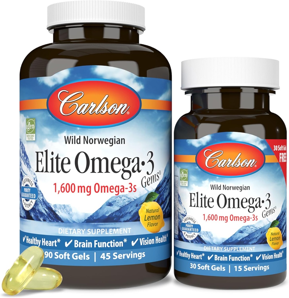 Carlson Elite Omega-3 Gems 1600 mg Omega 3 ácidos grasos incluyendo EPA & DHA - Norwegian, Wild-Caught Sustentably Sourced Fish Oil Suplemento, Omega 3 Fish Oil Capsules Lemon - 90+30 Softgels
