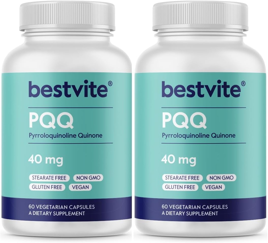 BESTVITE PQ 40mg (Pyrroloquinoline Quinone) (120 cápsulas vegetarianas) (60 x 2) - No Stearates - Vegan - No GMO - Gluten Free