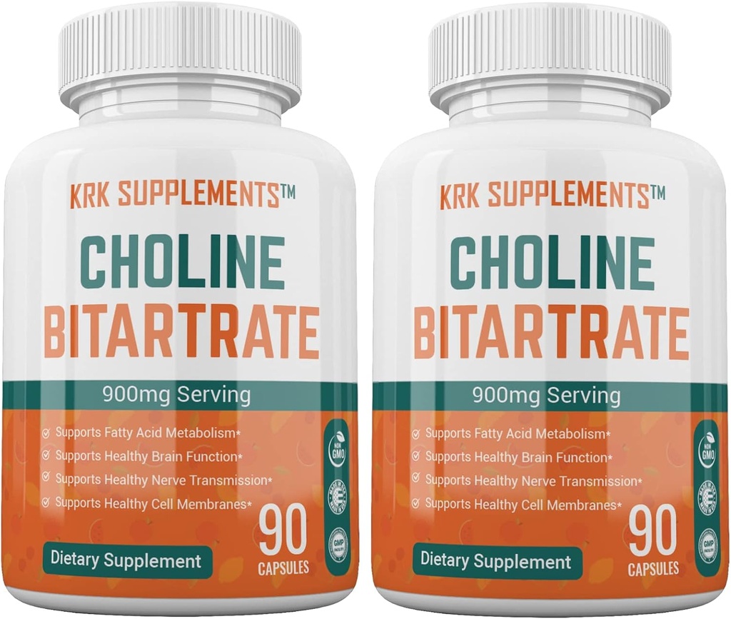 2 Botellas Choline Bitartrate 900mg Por Serving 180 Capsules Total KRK Suplementos
