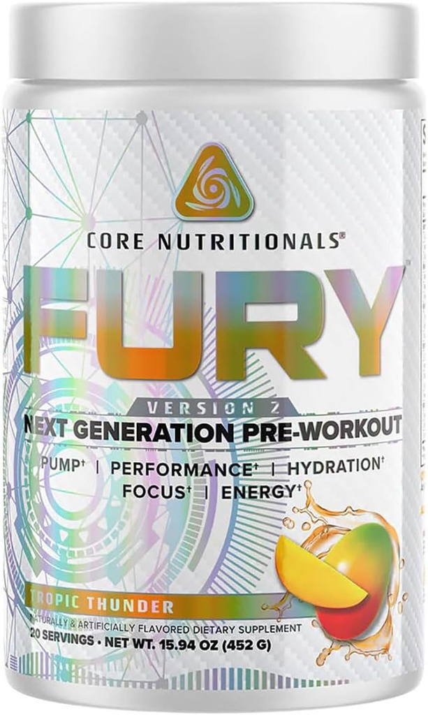 Nutrición básica Furia V2: Polvo de entrenamiento previo para maximizar el rendimiento en el Gym W/Zum-XR® Caffeine, L-CItruline y Alpha GPC (40 Scoops) (Tropic Thunder)
