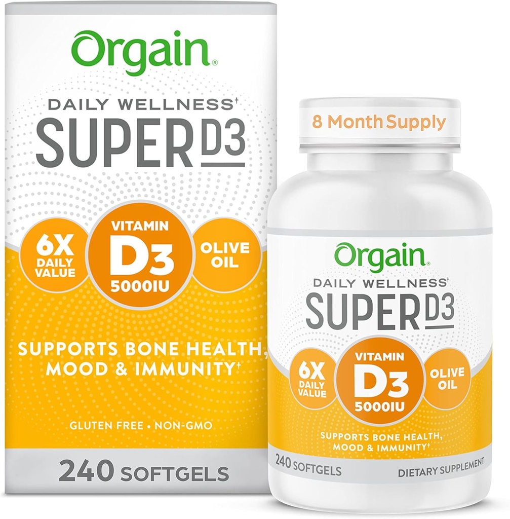 Orgain Super Vitamina D3 Suplemento 5,000iu (125mcg) Apoyo inmune, bonificación y mood, aceite de oliva orgánico para una mejor absorción - 8 Month Supply (240 Softgels)