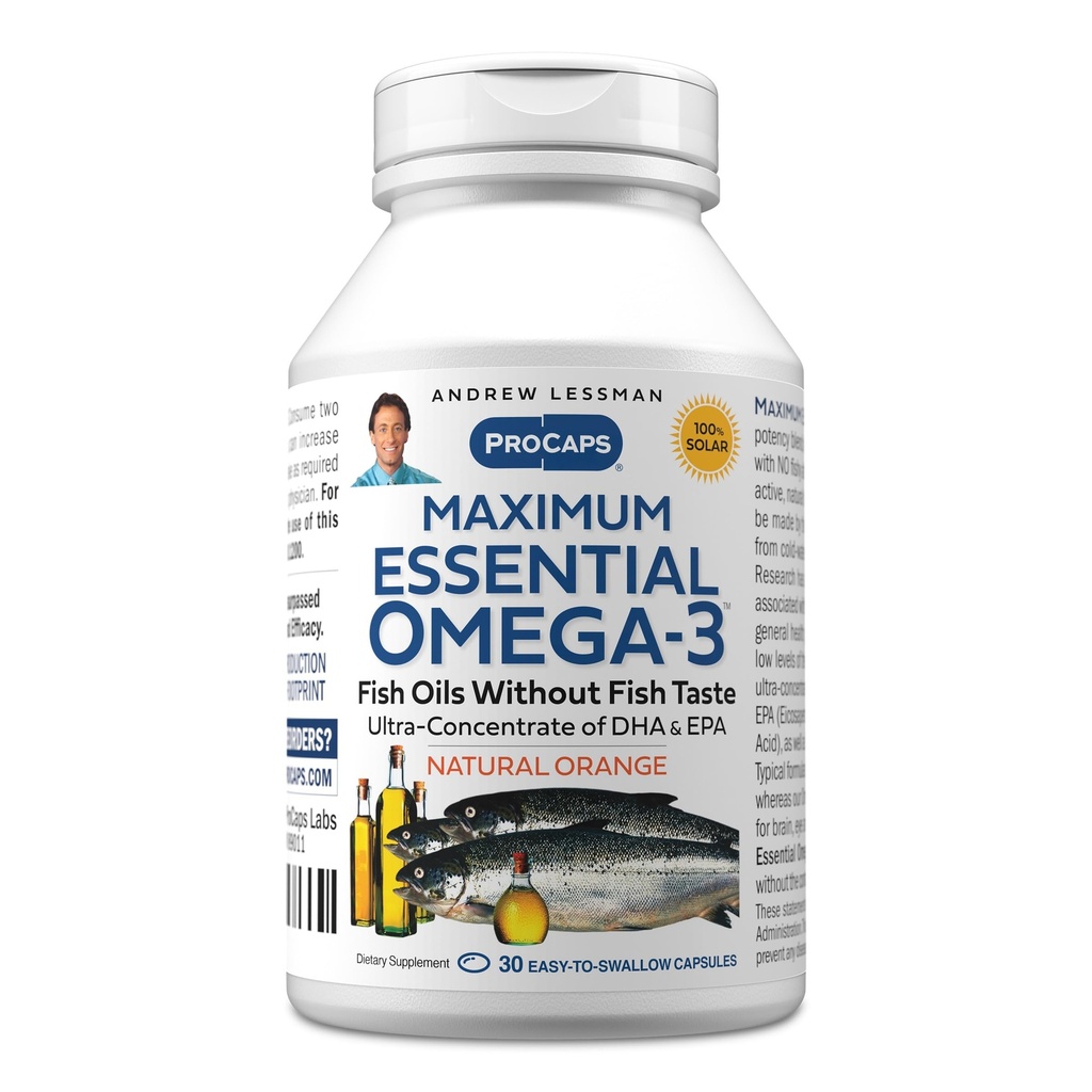 ANDREW LESSMAN Maximum Essential Omega-3 Orange - 30 Softgels - Ultra-Pure, Alta Potencia Omega-3 Aceites. High DHA, No Stomach Upset, No Contaminants, No Mercury. Pequeño fácil de absorber Softgels