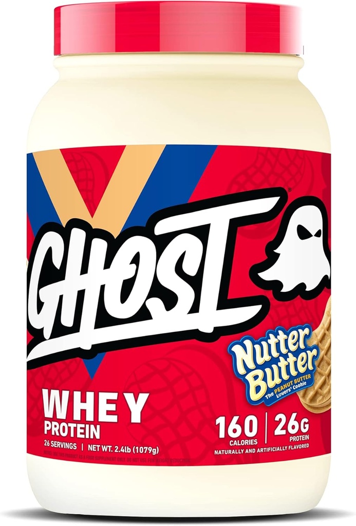 GHOST Whey Protein Powder, Nutter Butter - 2LB, 26G de Proteína - Whey Protein Blend - ­Post Workout Fitness & Nutrition Shakes, Smoothies, Baking & Cooking - Cookie Pieces Inside