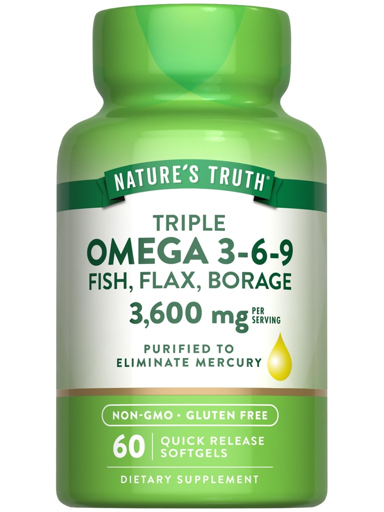La verdad de la naturaleza Triple Omega 3-6-9 Softgels Silencio 3600mg Silencioso 60 Conde  durable Fish, Flax, Borage Oils ← Non-GMO & Gluten Free Supplement