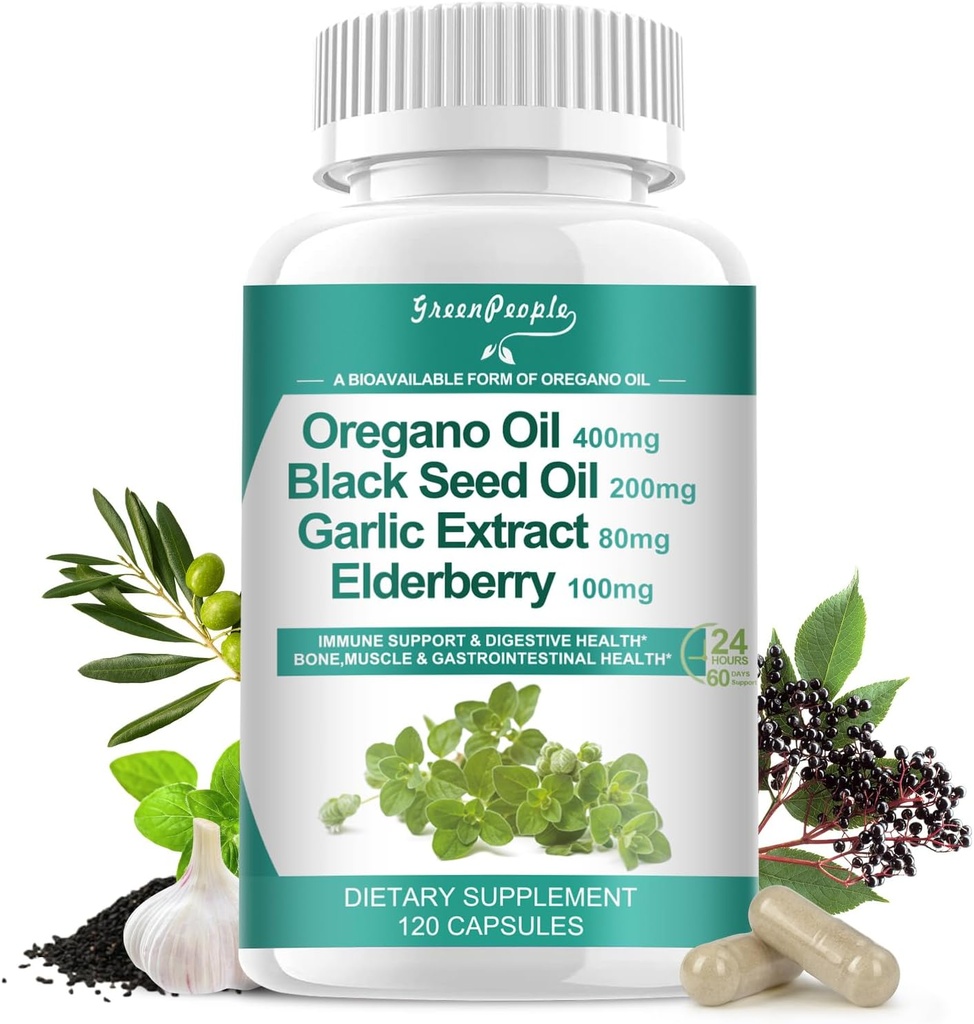 Cápsulas de aceite de orégano orgánico – 11-en-1 Blend con aceite de semilla negra, arándano, ajo, hoja de oliva – Magnesio " Pepper negro para la absorción – Inmuno, respiratorio " Digestivo – Vegano, No GMO, 120 Ct