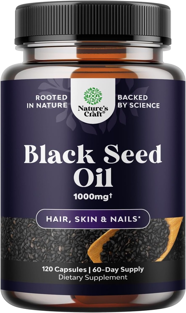 Cápsulas de aceite de semilla negra prensada en frío - Vegan Nigella Sativa Black Cumin Seed Oil Capsules con Omega 3 6 9 Antioxidantes y Timoquinona para Crecimiento del Pelo Apoyo Conjunto Salud y Digestión