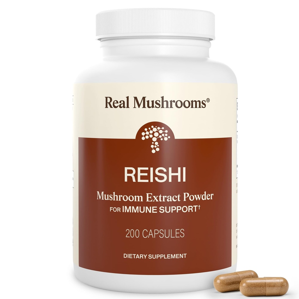 Setas Reales Reishi Mushroom Capsules - Extractos de setas orgánicas manipulados - Reishi rojo para el bienestar diario del tranquil con Glucans de beta verificado Vegan, No GMO, No hay rellenos de grano, 200 ct