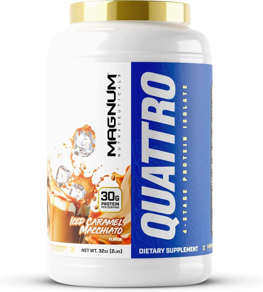 Magnum Nutraceuticals Quattro Whey Protein Powder, Iced Caramel Macchiato 2lb – Premium Protein Isolate Blend for Muscle Growth & Recuperación