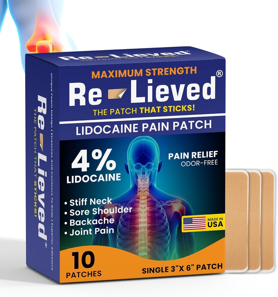 4% Lidocaine Patches Maximum Strength - Aluminum-Free, Water Resistant and USA Made -Superior Sticking Pain Relief Patches Quickly Relieves Back, Joints and Muscle Pain-3x6 Inches(10 Conde)