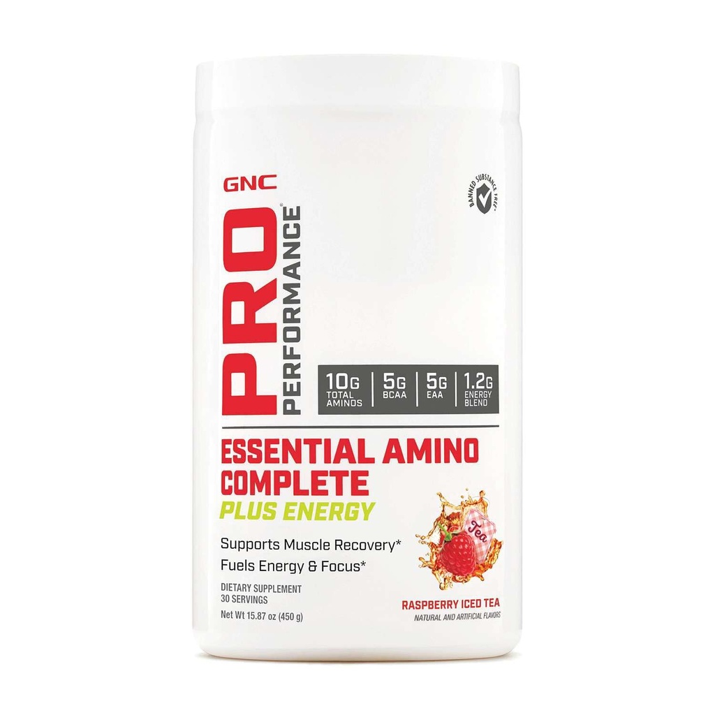 GNC Pro Performance Essential Amino Complete Plus Energy - Raspberry Iced Tea TEN 5g BCAA, 5g EAA Plus Energy Blend and Electrolyte Complex TEN 30 Servings